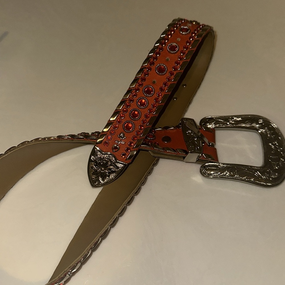 Studded Orange Leather Belt - Picture 2 of 4